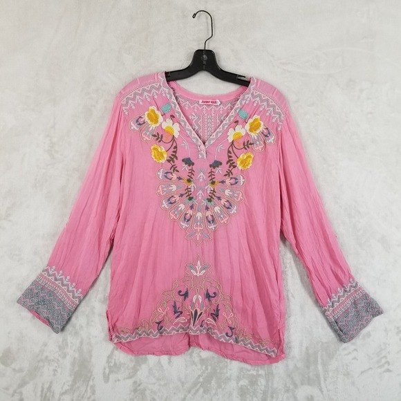 Johnny Was Tunic Women Medium Pink‎ Embroidered Boho Peasant Flowy Top Eclectic